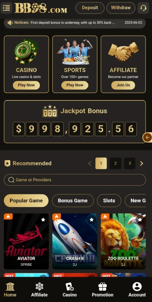 BB98 Game dashboard screenshot image.