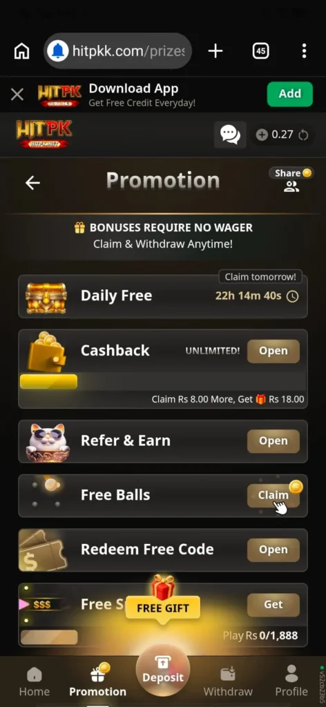 HIT PK Game real bonuses and promotions system.
