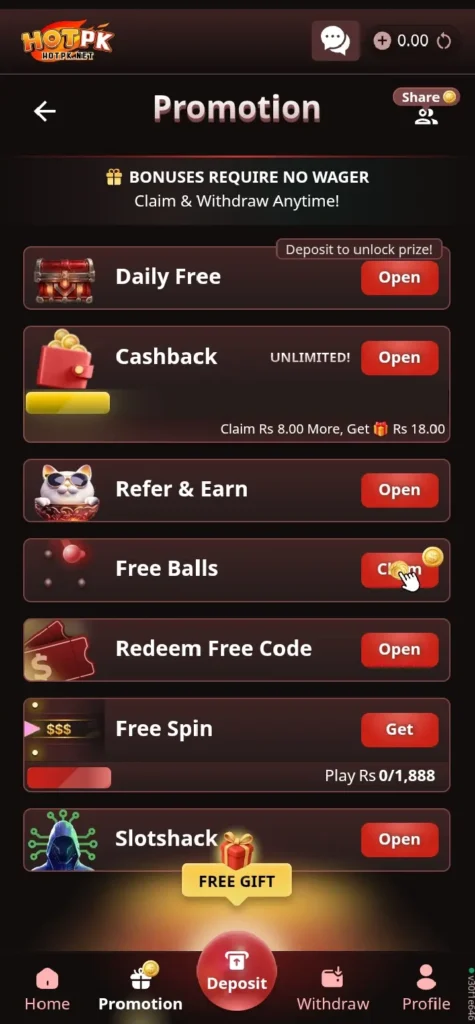 HOTPK Game bonuses require no wager to claim & withdraw anytime.