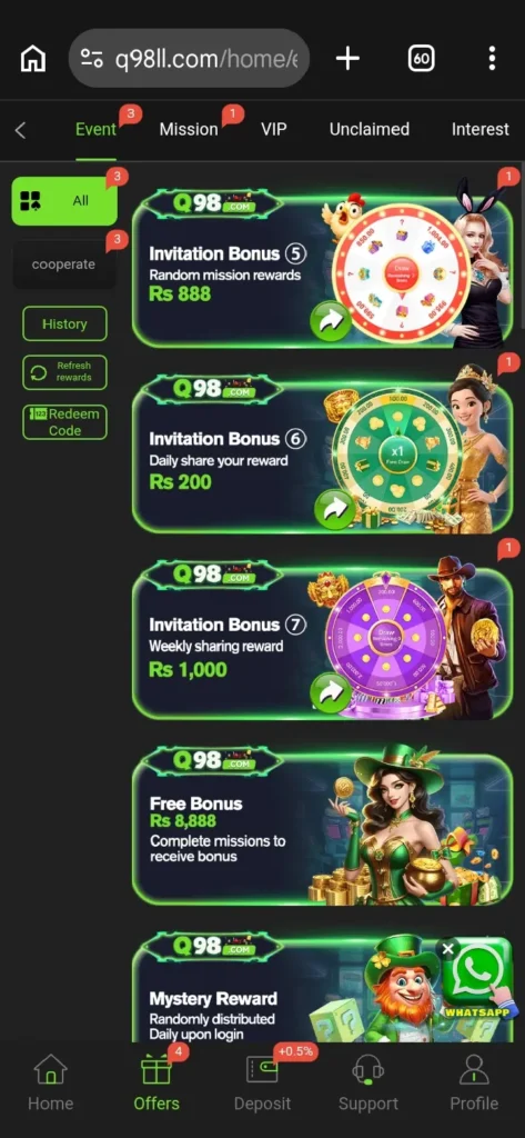 Q98 Log in includes daily lottery and lucky draw features.