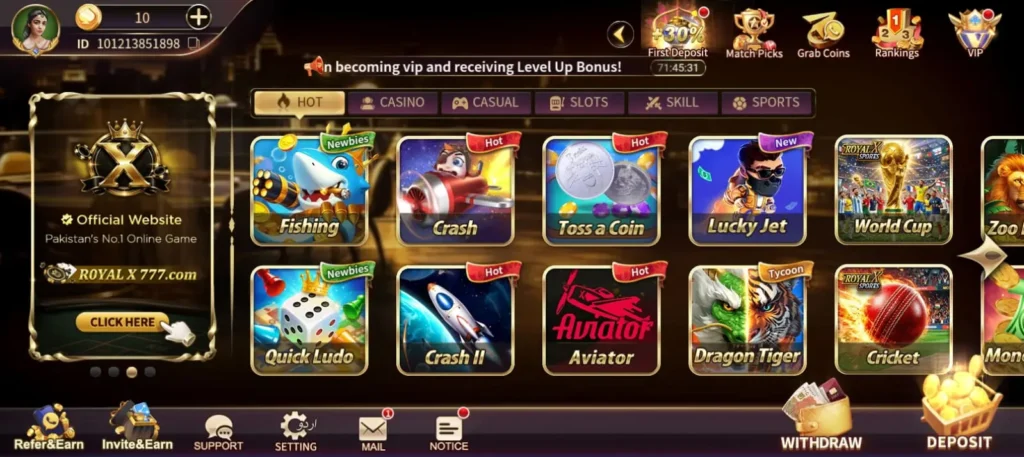 Royal X Casino Game dashboard screenshot image.