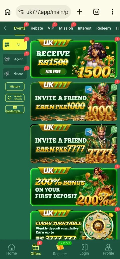 UK777 Game Invite a friend, earn PKR1000.
