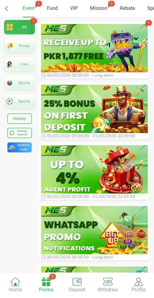 ME5 Game daily Bonuses and rewards.
